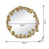 35" Round Metal Wall Mirror with Golden Leaf Accents, Modern Decor Mirror for Living Room Entryway Hallway