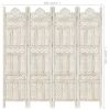 Hand carved 4-Panel Room Divider White 63"x65" Solid Mango Wood