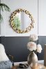 35" Round Metal Wall Mirror with Golden Leaf Accents, Modern Decor Mirror for Living Room Entryway Hallway