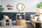 35" Round Metal Wall Mirror with Golden Leaf Accents, Modern Decor Mirror for Living Room Entryway Hallway