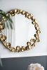 35" Round Metal Wall Mirror with Golden Leaf Accents, Modern Decor Mirror for Living Room Entryway Hallway