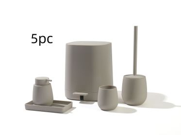 Bathroom Five Sets Buffer Mute Trash Can Liquid Soap Dispenser Toothbrush Cup Toilet Brush Tray Bathroom Set (Color: Beige)